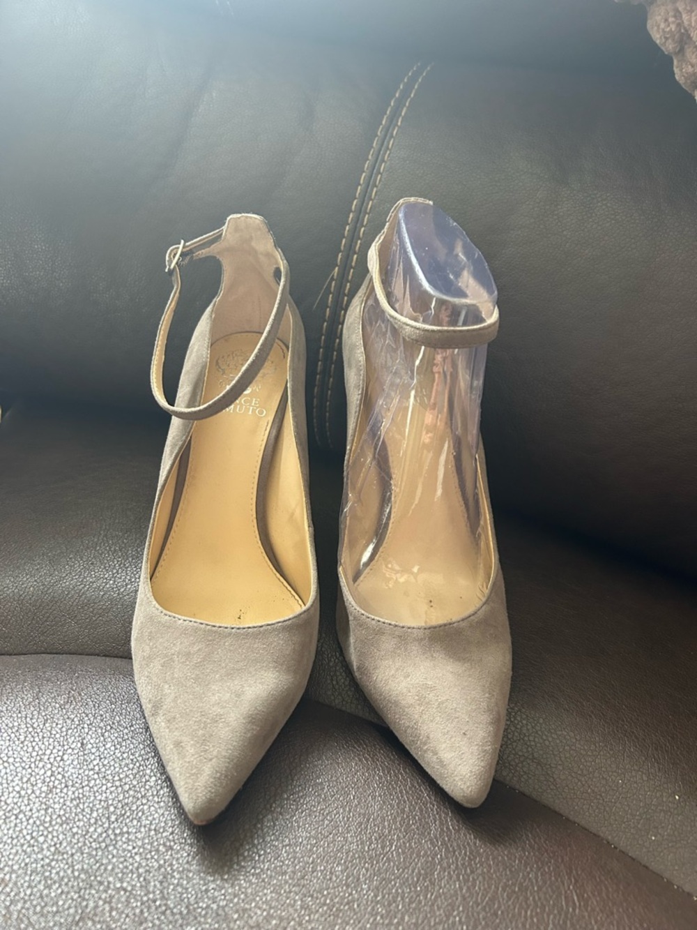 Vince Camuto   Gray Suede Ankle-Strap Pointed-Toe Pumps
